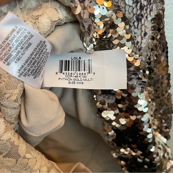 Dress The Population Lola Mini Sequin Stretch Dress in Python Gold size XXS - Picture 5 of 14